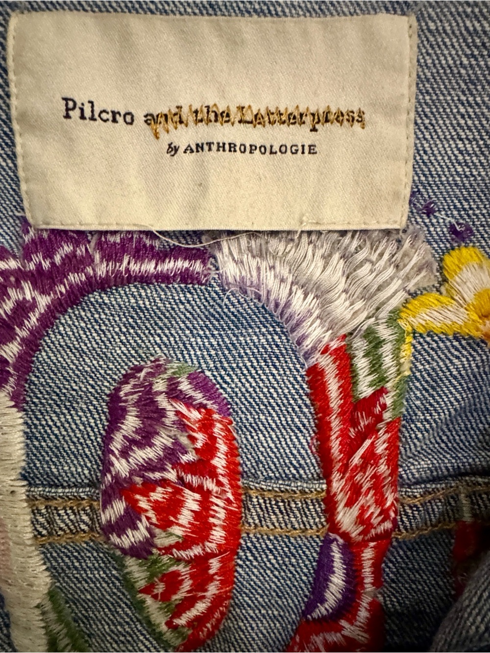 Pilcro & the Letterpress Anthropologie Embroidered Floral Denim Jacket Size XL - Picture 4 of 6